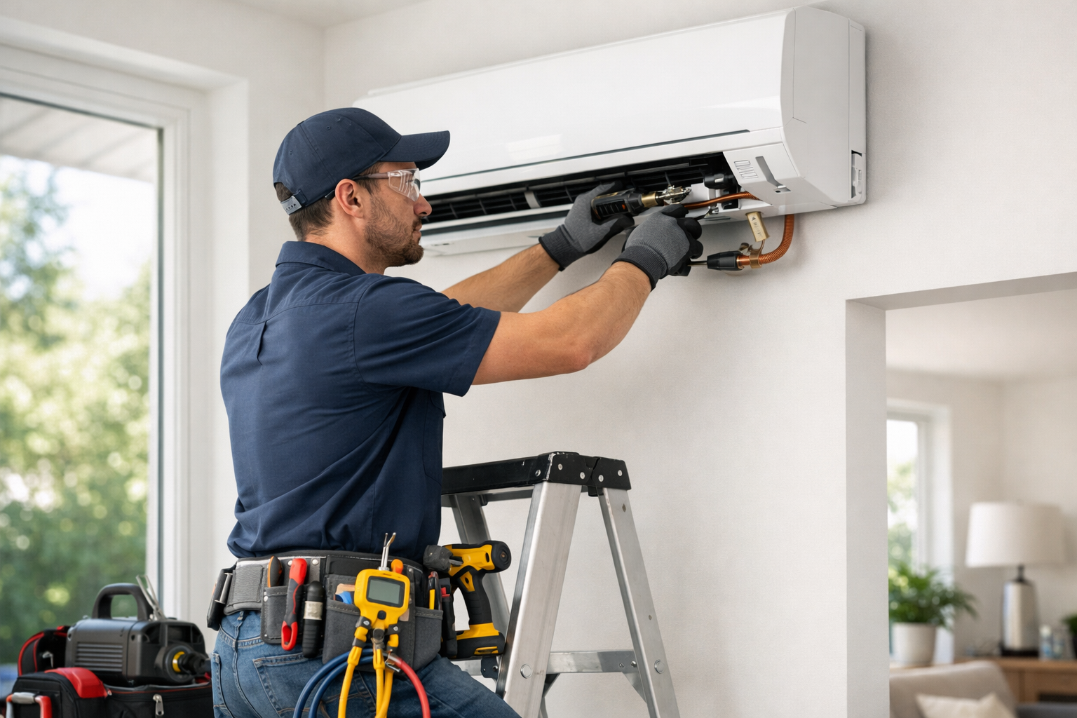 HVAC technician installing an indoor AC unit